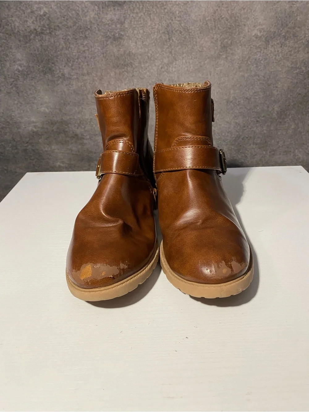 Wonder Nation Girls Size 5 Brown Ankle Boots Double Buckle Sweater Trim Zip